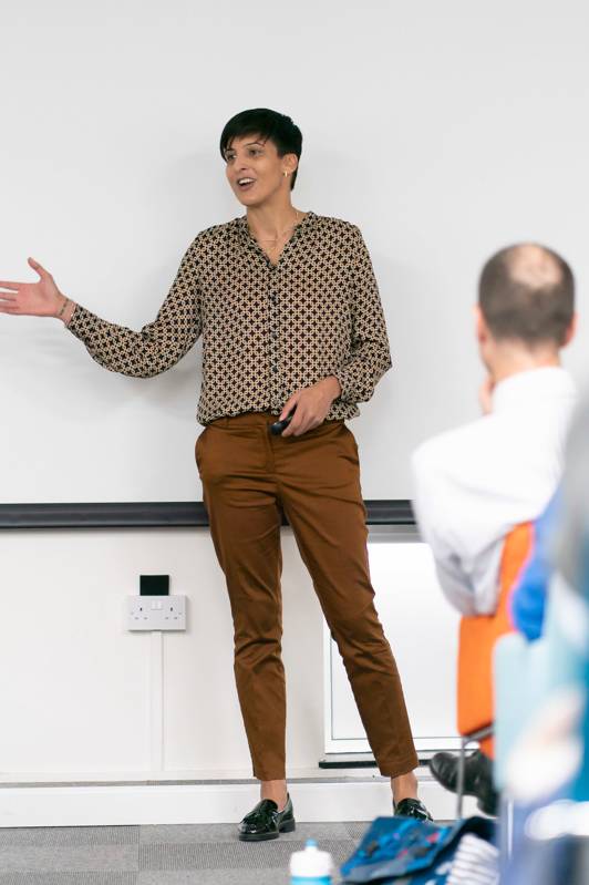 Satveer Pedraza-Nijjar speaking to an audience